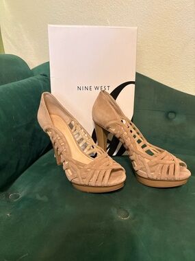 Nine West Taupe Suede Strappy Peep-Toe Heels